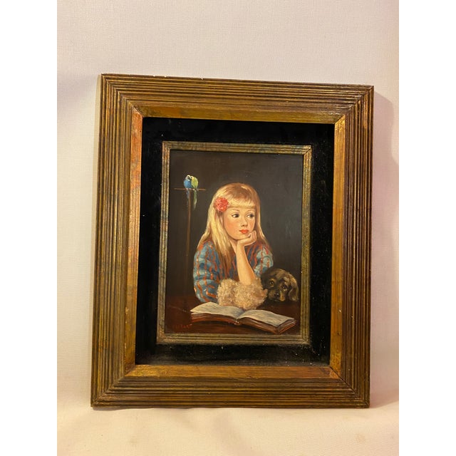 1960s Portrait Painting of Sweet Girl With Pup and Parrots For Sale - Image 4 of 10