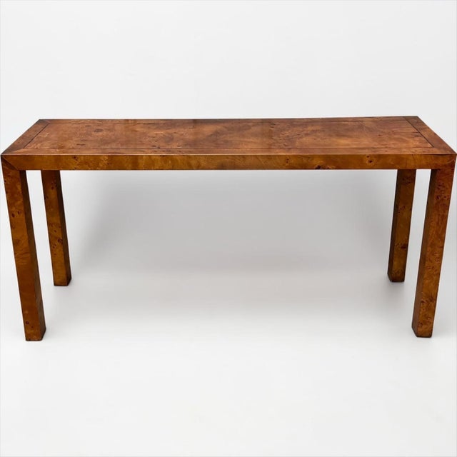 1970s 1970s Milo Baughman Style Burl Olive Wood Parsons Style Console Table For Sale - Image 5 of 6