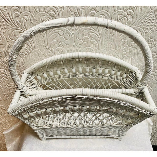 Shabby Chic 1960s Vintage Boho Beaded Wicker Fan Shaped Magazine Rack For Sale - Image 3 of 11