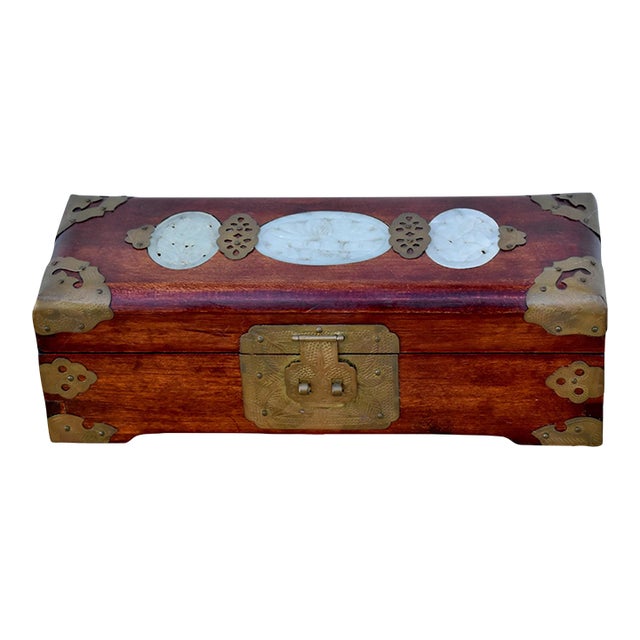 Vintage Chinese Rectangular Jewelry Box W/Carved Stone & Brass Mounts For Sale