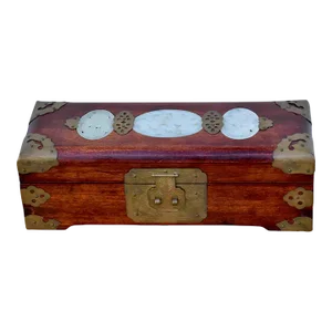 Vintage Chinese Rectangular Jewelry Box W/Carved Stone & Brass Mounts