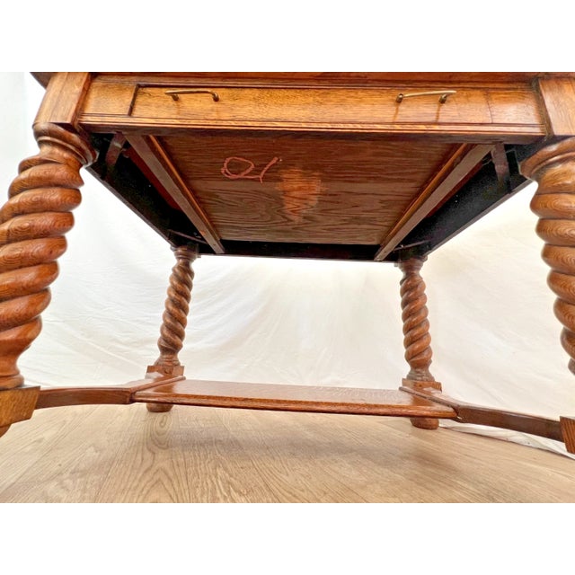 Antique Desk Barley Twist Legs, Drawer, Tiger Oak, Bottom Shelf, American Empire For Sale - Image 11 of 11