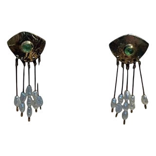 Vintage Peridot & Pearl Brass Earrings For Sale