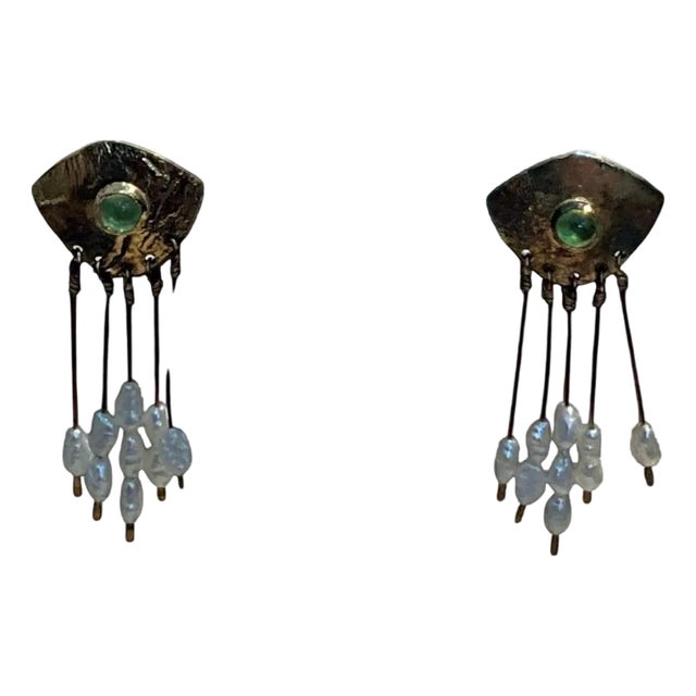 Vintage Peridot & Pearl Brass Earrings For Sale