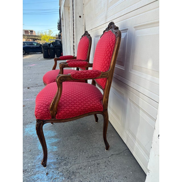 Vintage French Louis XV Style Armchairs | Pair Vintage Accent Chairs | Upholstered Bergere Chairs | Carved Wood Living Room Seating For Sale - Image 4 of 11