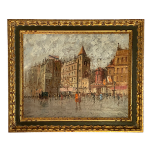 Mid 20th Century Paris Cityscape With Moulin Rouge With Horse and Carriage