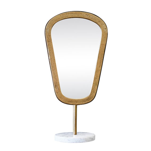 2020s Matthew Izzo Home Large Micah Aged Gold Table Top Mirror on White Marble Base For Sale - Image 5 of 5