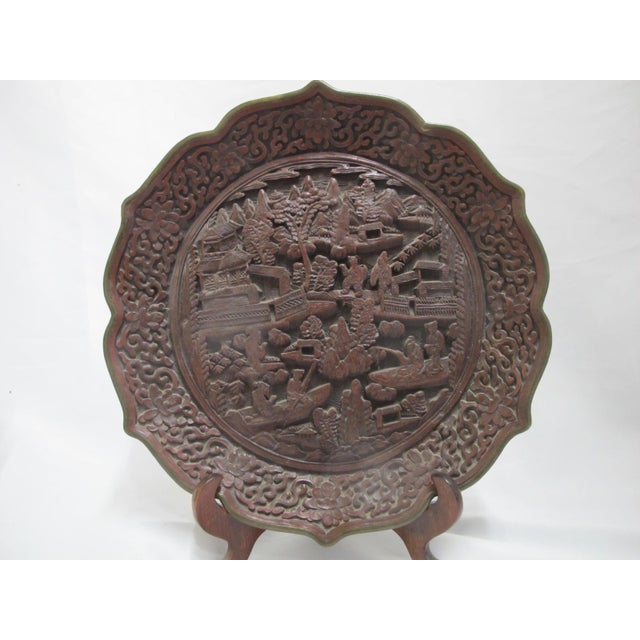 Chinese Cinnabar Lacquer Style Resin Village Scene 10" Plate Pair With Stands For Sale - Image 14 of 18