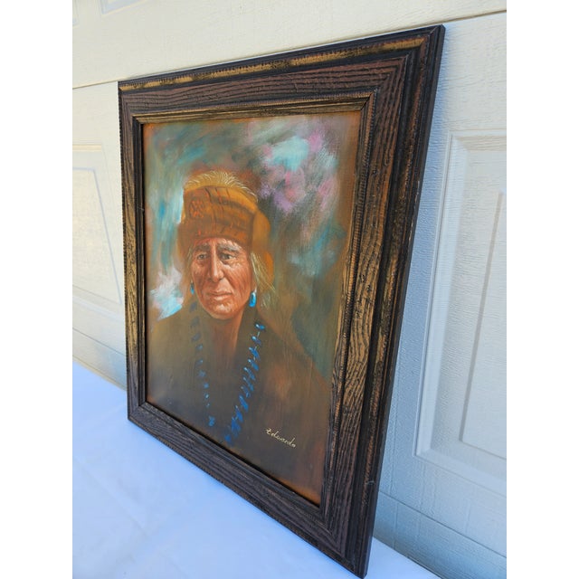 Native American Portrait Painting on Canvas -Signed For Sale - Image 6 of 12