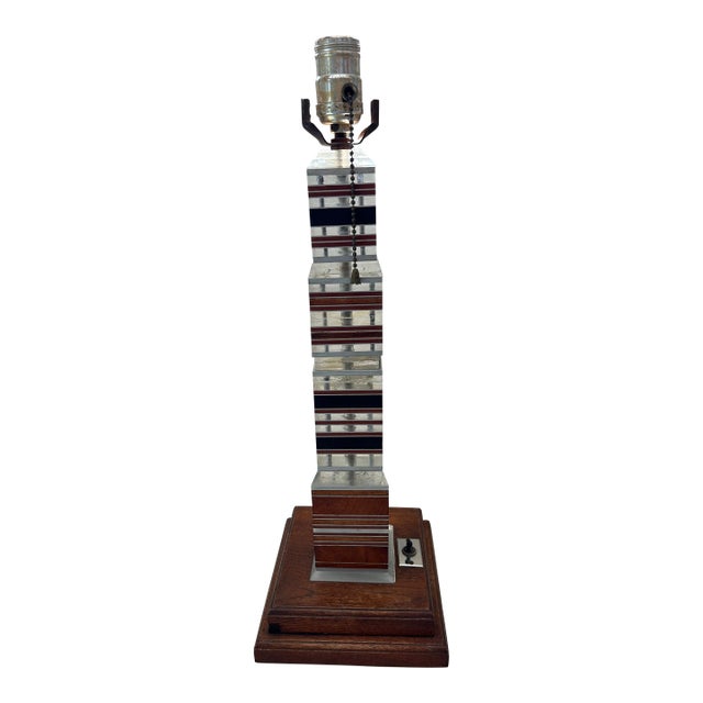 Mid 20th Century Mid Century Modern Stacked Lucite Acrylic Ebony Mahogany Aluminum Teak Skyscraper Table Lamp For Sale
