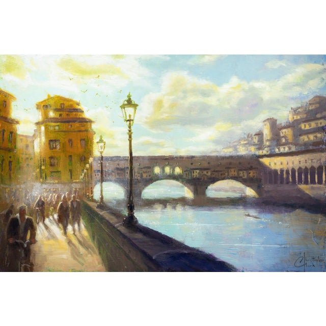 Florence Ponte Vecchio by Christopher Clark | Oil and acrylic on wood panel cityscape with bridge For Sale