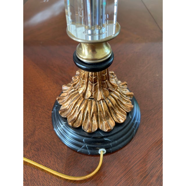 2000 - 2009 Chelsea House Inc Set of (2). Crystal Stem Lamps With Brass and Brass Marble Base. Restoration New Hardware French Drum Replacement Shades. For Sale - Image 5 of 6