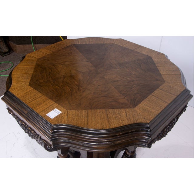 Jacobean Octagonal Jacobean Revival Carved Oak Center Table – Figural Scroll Base & Bookmatched Veneer Top, C. 1920s For Sale - Image 3 of 3