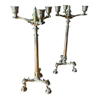 Antique French Renaissance Gothic 19th Century 16” Claw Foot 3 Light Candelabras For Sale