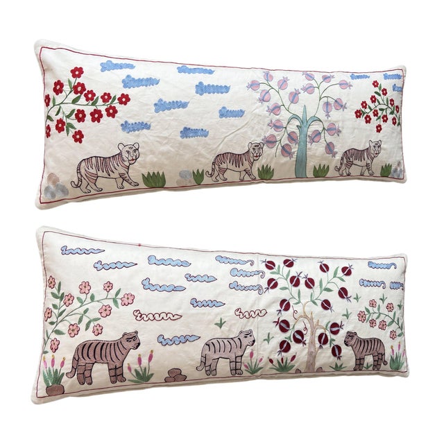 This beautiful 19'' x 53'' & 18'' x 54'' hand-embroidered Suzani pillow cover set was made from authentic Uzbek cotton...