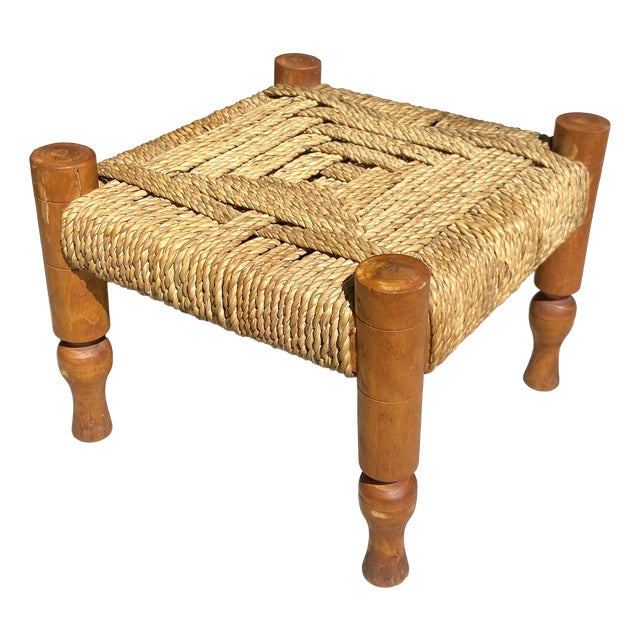Rope and Wood Stool attributed to Adrien Audoux and Frida Minet, France, 1950s For Sale