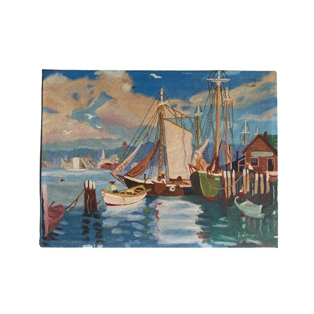 Vintage Oil Painting on Board Depicting a Harbor Scene, Artist Signed and Dated 1952 For Sale - Image 9 of 9
