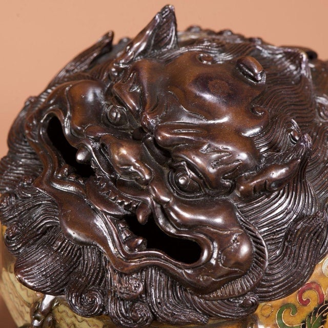 Yellow Late 19th Century Cloisonné Enamel Censer With Pixiu Lid, 1.38kg For Sale - Image 8 of 9
