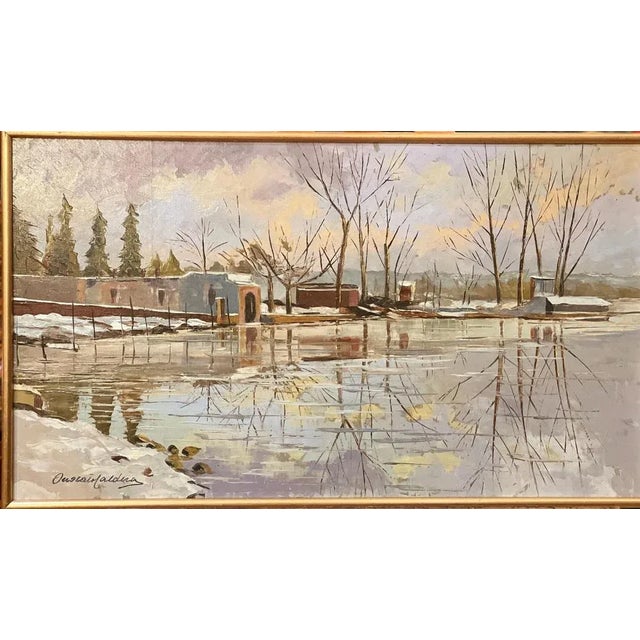 Onorato Caldera, Snowfall, Lago Di Monate, 20th Century, Oil Painting on Panel For Sale - Image 8 of 8