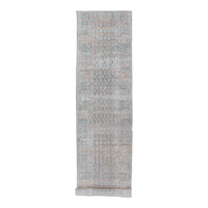Antique Persian Malayer Runner With Faded Lattice Pattern in Soft Blue Ground 3'3 X 16'7
