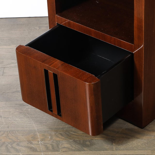 Brown Pair of Art Deco Nightstands in Book-Matched Walnut With Black Lacquer Accents For Sale - Image 8 of 11