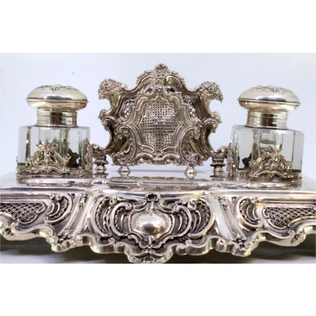 Inkwell in Cut Silver with Shell Reliefs, Letter Holder, Pen and Feet For Sale - Image 6 of 9