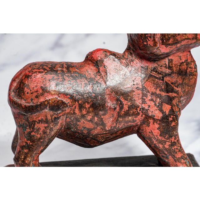 Folk Art Hand Carved Asian Folk Art Wood Animal Sculpture Statue Distressed Painted Patina Home Decor For Sale - Image 3 of 11