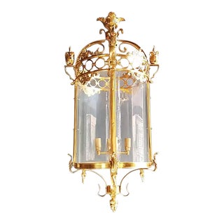 Large Cylindrical Lantern in Louis XVI Style Brass Glass Pendant Lighting For Sale