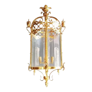 Large Cylindrical Lantern in Louis XVI Style Brass Glass Pendant Lighting