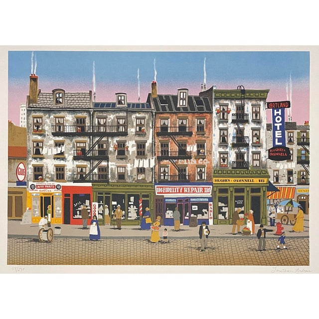 1970s Jonathan Andrews "West Street Row" New York lithograph. Pencil signed and numbered 199 out of 250.