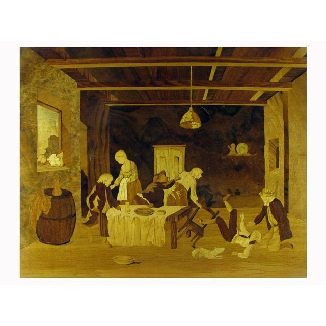 Painted marquetry with an interior scene. This inlaid wooden panel reproduces, thanks to the tonal contrasts of the...