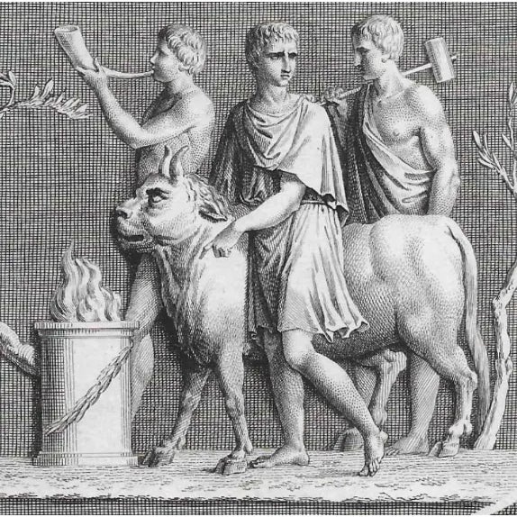 Antique Italian copper plater engraving of several men and a bull.