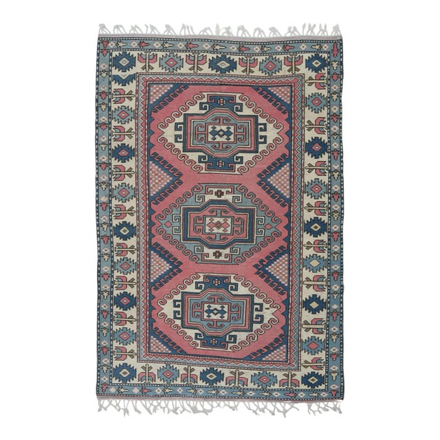 1970s Vintage Turkish Oushak Handmade Wool Cotton Pink Area Rug For Sale