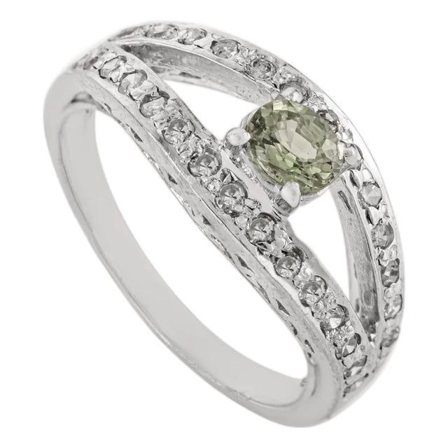 0.5 Ct Green Tourmaline Solitaire Engagement Ring With Diamond in 925 Sterling Silver - Size 8.5 For Sale