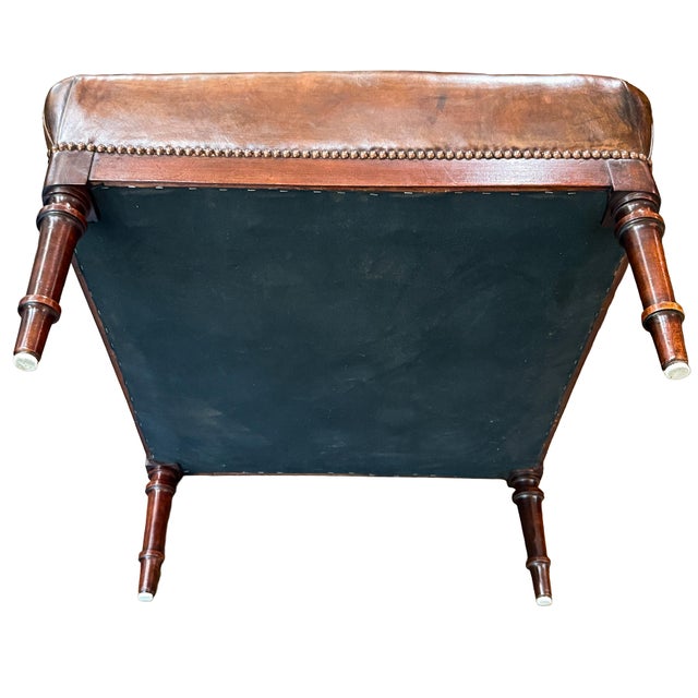 French Leather Ottoman Seat or Stool on Turned Walnut Frame For Sale - Image 11 of 11