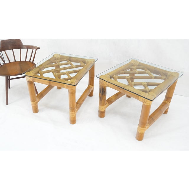 Pair Thick Bamboo Glass Top Rectangle Glass Top End Side Lamp Tables MINT For Sale - Image 15 of 18