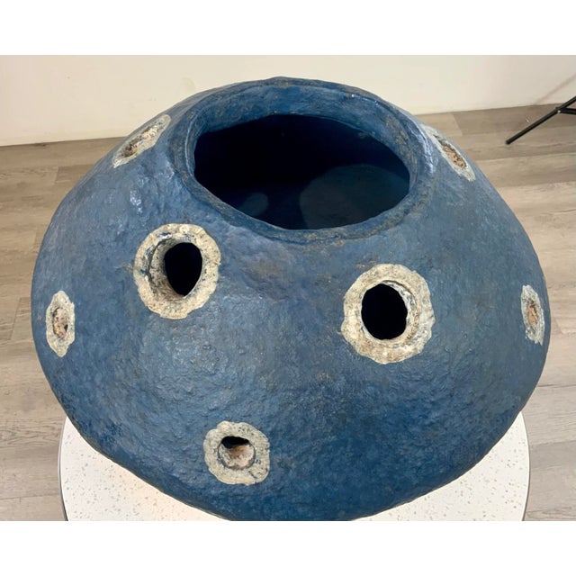 Organic Currey & Co. Primitive Large Blue Vase, gray accents, showroom floor sample