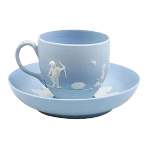 Antique 18th Century Wedgwood Blue Jasperware Tea Cup & Saucer by Lady Templeton