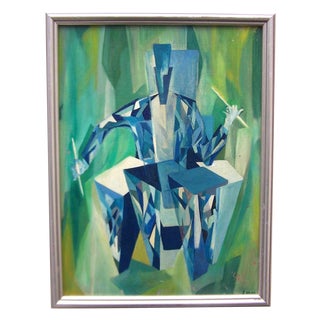 Mid-Century Signed Modernist Drummer Painting For Sale