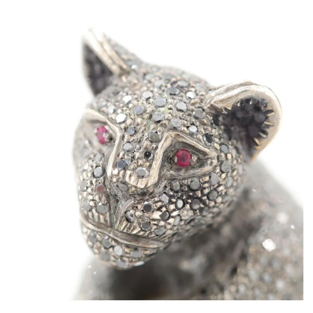 Art Deco Black Diamond 14k & Sterling Silver Panther Ring With Ruby Eyes Size 7.25 For Sale - Image 3 of 7