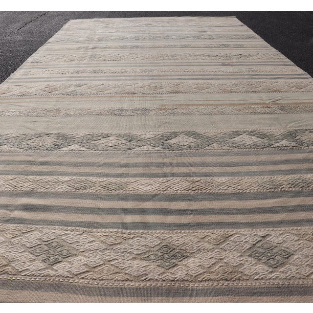 Sand Vintage Turkish Gallery Kilim With Soft Blue-Gray and Sand Striped Motifs For Sale - Image 8 of 11