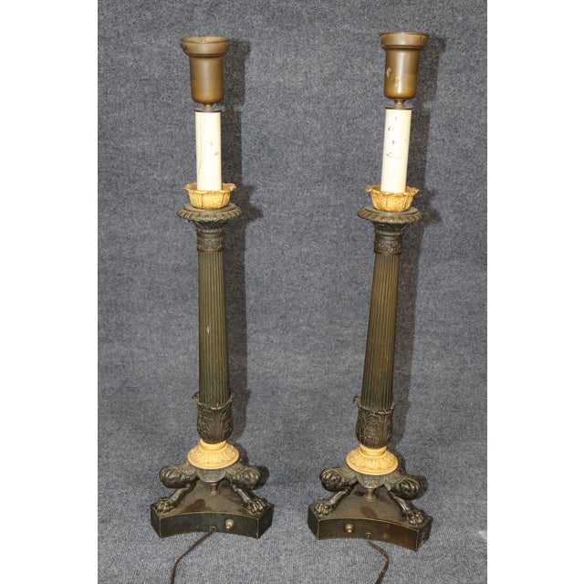 Bronze Pair of Antique Candlestick French Empire Patinated and Gilt Bronze Table Lamps For Sale - Image 8 of 9