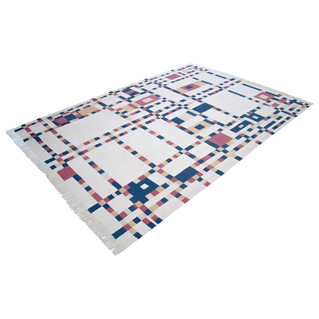 Piet Mondrian Piet Mondrian - Broadway Boogie Woogie Inspired Silk Hand Woven Area Kilim Wall Rug 6′5″ × 9′2″ For Sale - Image 4 of 17
