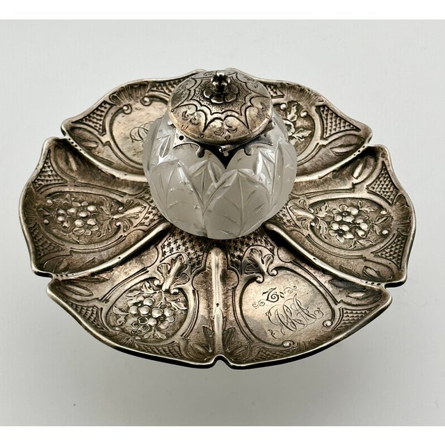 Victorian Outstanding Antique Victorian Hand Made London Sterling Silver & Hand Gut Crystal Inkwell - Circa 1865 For Sale - Image 3 of 18