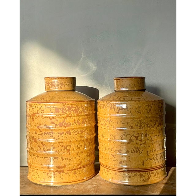 Vintage Glazed Ceramic Ribbed Lidded Urns - A Pair For Sale - Image 10 of 12