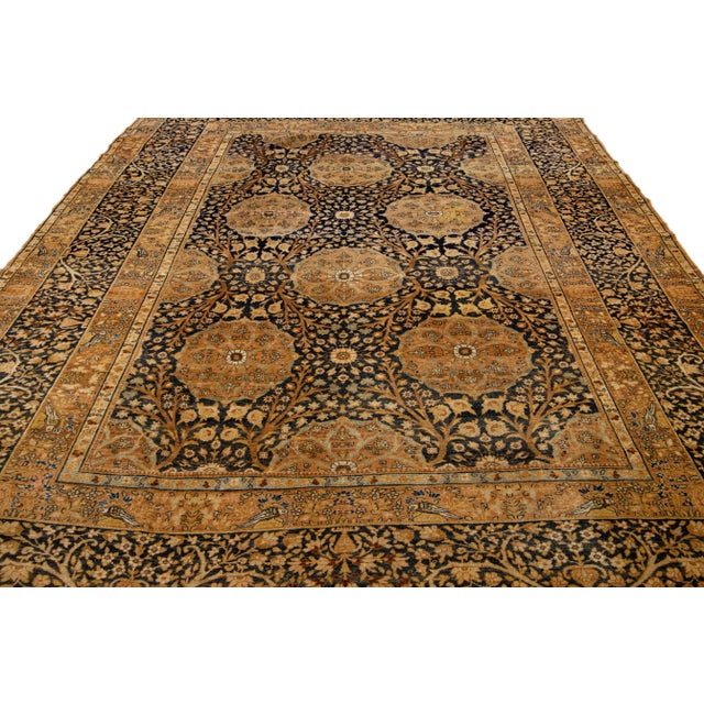 Persian Antique Persian Kerman Handmade Allover Floral Blue and Tan Wool Rug For Sale - Image 3 of 10