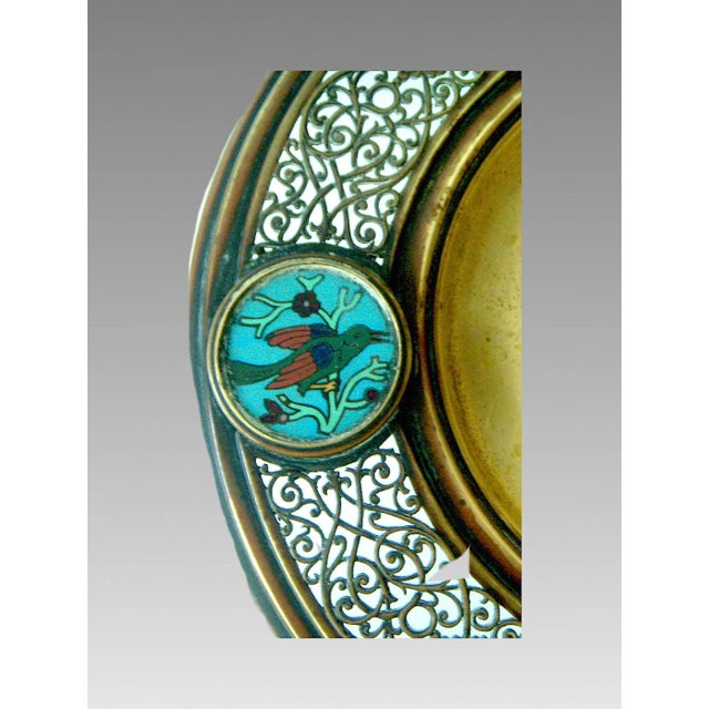 Antique Persian Reticulated Brass & Enamel Turquoise Cloisonné Tazza / Centre Piece / Sweet Stand With Blue Birds For Sale In Tampa - Image 6 of 11