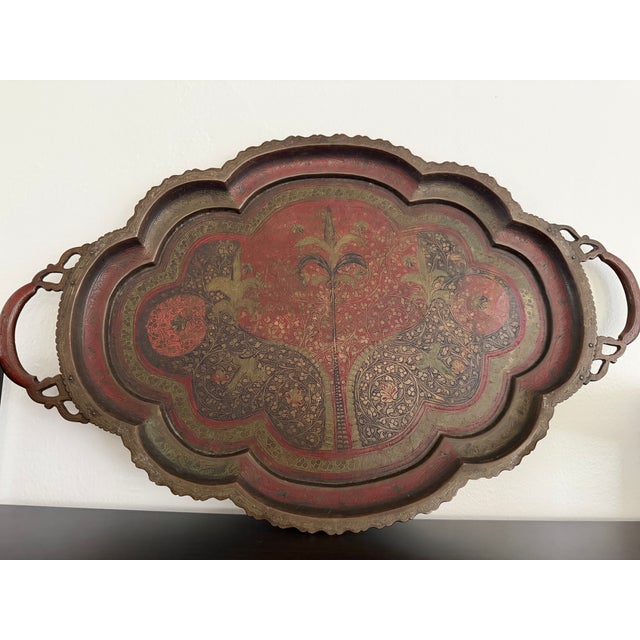 Red Antique Indo Persian Brass Tray With Red Lacquer Inlay, Hand Etched Jaipur Brassware, Vintage Scalloped Handled Serving Tray For Sale - Image 8 of 9