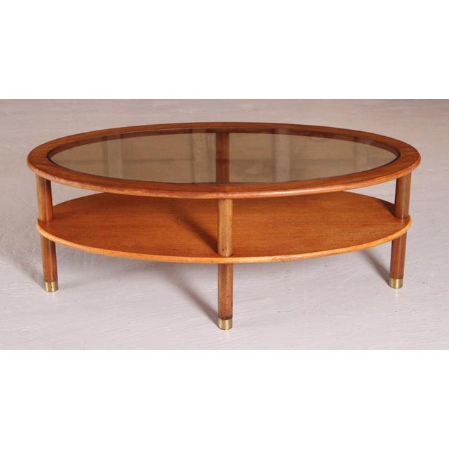 Mid-Century Oval Teak 2-Tier Coffee Table with Smoked Glass Top and Brass Feet from G-Plan, 1970s For Sale - Image 9 of 11