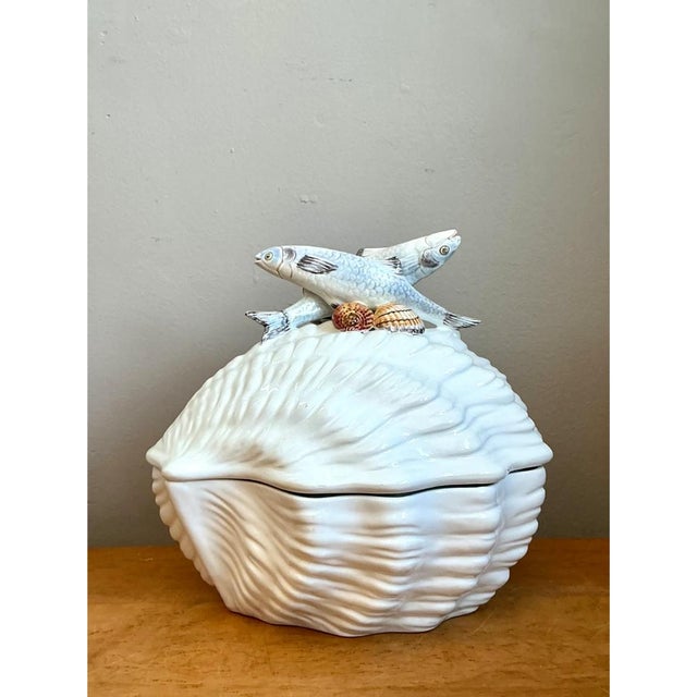 This vintage Italian tureen is a sculptural piece of marine whimsy, modeled as a large, plump bivalve shell in glossy...